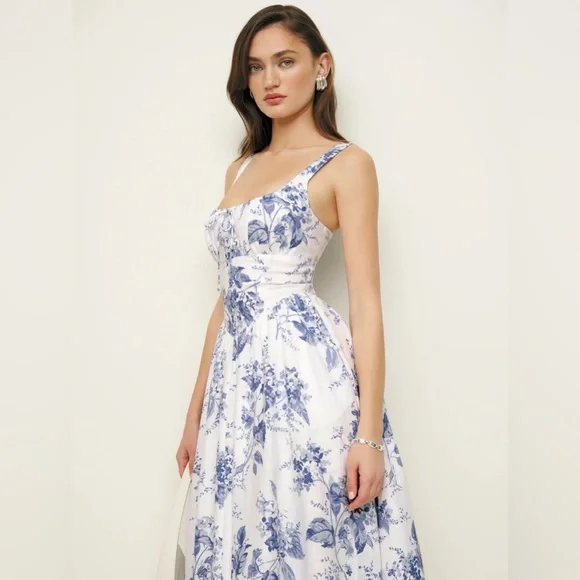 NWT Reformation Balia Midi Linen Dress in Lupine  Blue White Floral | size 2 - Picture 2 of 13
